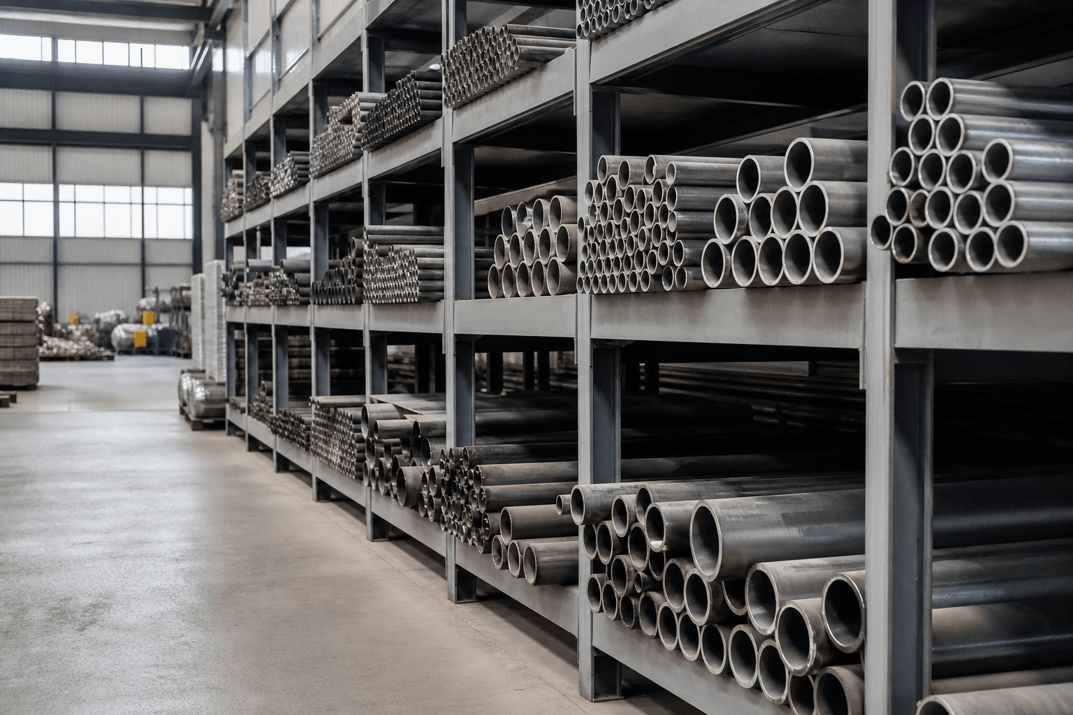 Pipes and profiles on racks in a warehouse